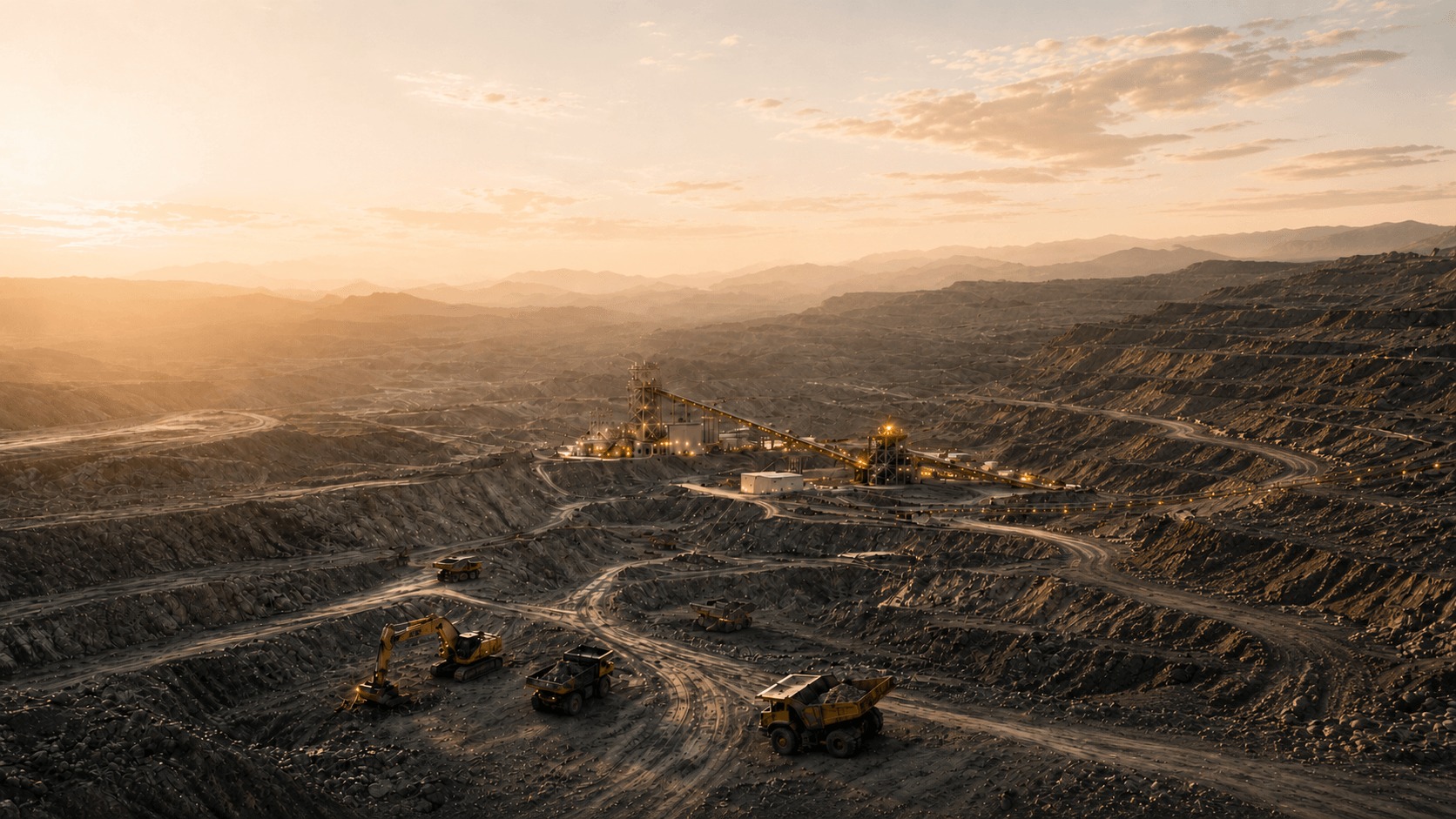 Operação minerária com escavadeiras e caminhões na cava
